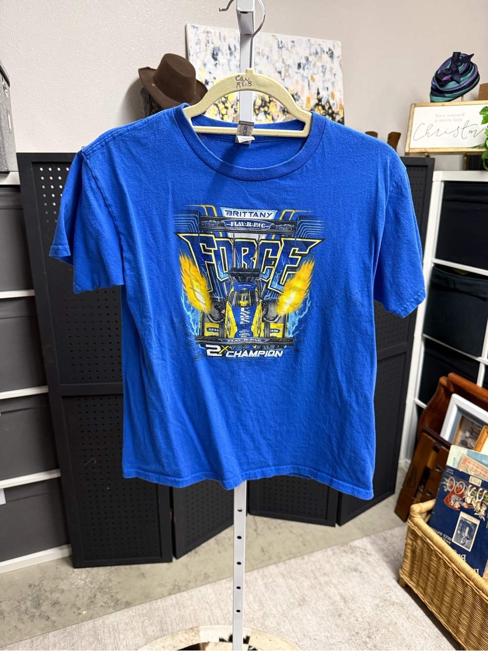 Brittany Force Flav-R-Pac Blue Graphic Dragster Racing Tee with Yellow Accents
